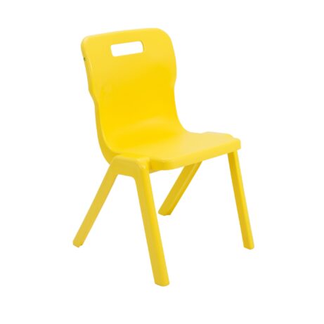 Titan One Piece Chair in Size 5, bright yellow color, featuring a curved back and sturdy legs. Perfect for vibrant spaces.