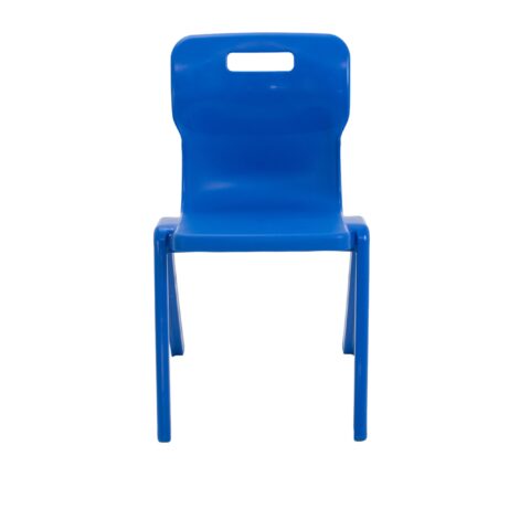 Titan Antibacterial One Piece Chair in blue, designed for educational settings, featuring a durable, stackable design and carry handle.