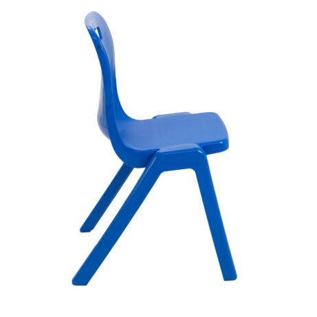 Titan Antibacterial One Piece Chair in blue, durable design, stackable up to 12 high with a carry handle for educational spaces.