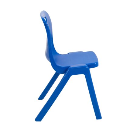 Titan Antibacterial One Piece Chair in blue, durable design, stackable up to 12 high with a carry handle for educational spaces.