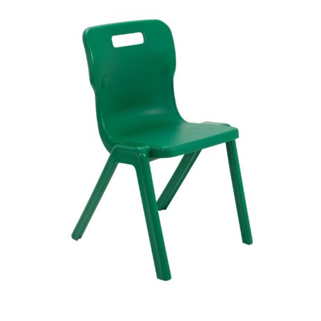 Titan One Piece Chair, Size 6, in vibrant green, featuring a sturdy plastic design and a rear handle for easy transport.