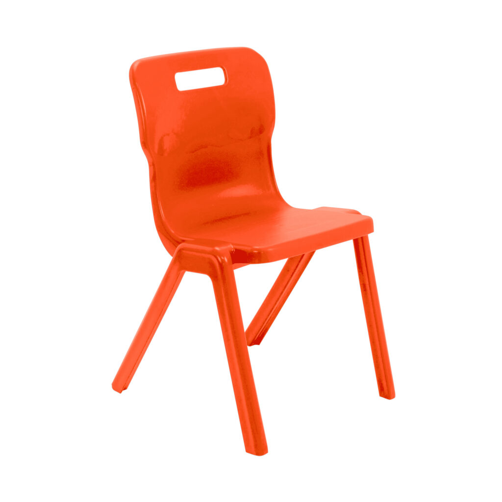 Titan One Piece Chair, Size 6, in vibrant orange, features a sturdy plastic design with a backrest and handle.