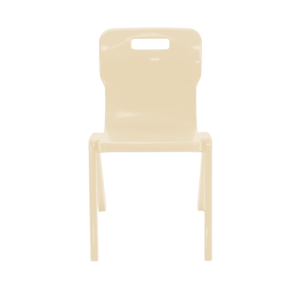 Titan One Piece Chair in beige, made from 100% recycled plastic, stackable, featuring anti-tilt design for classroom use.