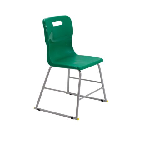 Titan High Chair, Size 3, green plastic seat with a gray metal frame and support bars. Ideal for classroom settings.