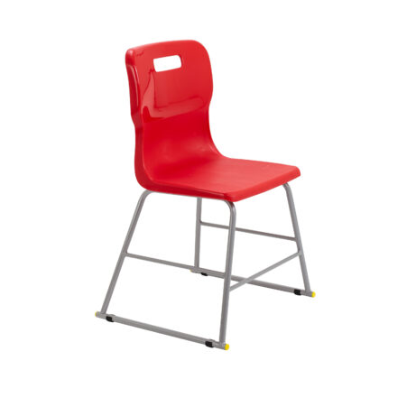 Titan High Chair, Size 3, red plastic seat with gray metal frame and yellow foot caps.