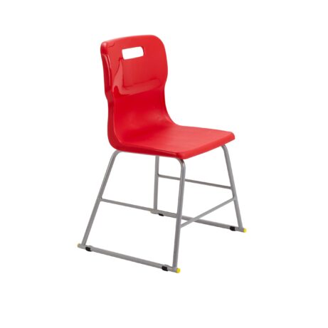 Titan High Chair, Size 3, red plastic seat with gray metal frame and yellow foot caps.
