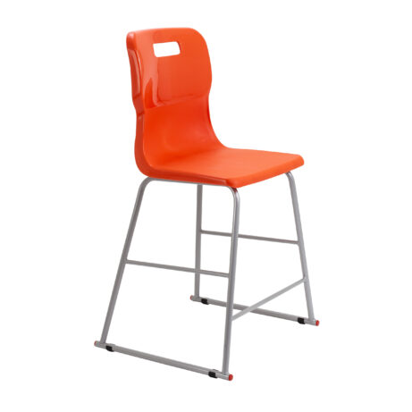 Titan High Chair, Size 4, featuring an orange plastic seat and backrest with a silver metal frame.