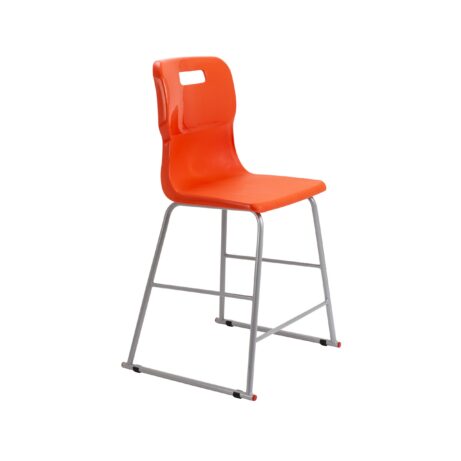Titan High Chair, Size 4, featuring an orange plastic seat and backrest with a silver metal frame.