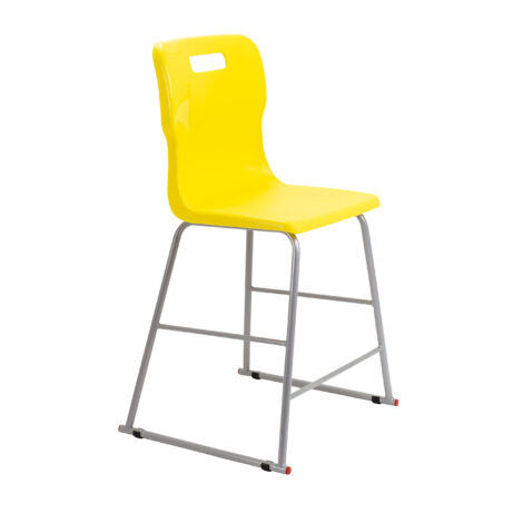 Titan High Chair, Size 4, features a yellow plastic seat and a silver metal frame. Ideal for children's use.