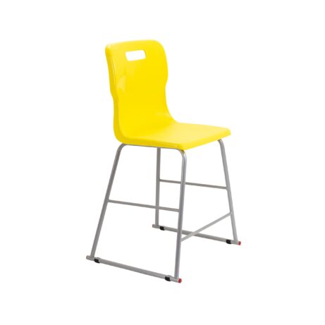 Titan High Chair, Size 4, features a yellow plastic seat and a silver metal frame. Ideal for children's use.