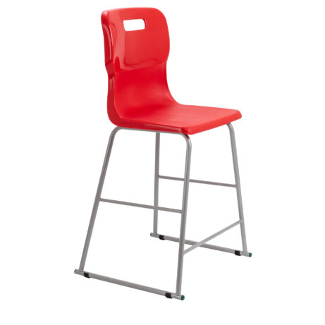 Titan High Chair, Size 5, features a red plastic seat and a gray metal frame. Ideal for educational settings.
