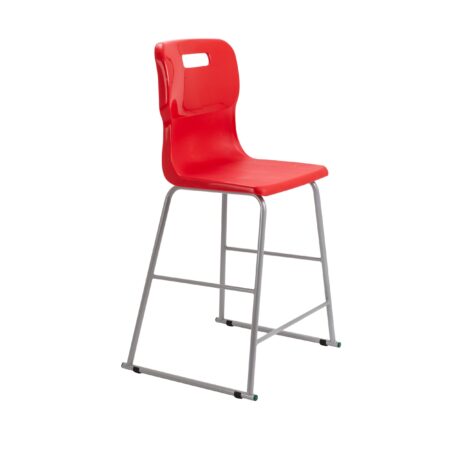 Titan High Chair, Size 5, features a red plastic seat and a gray metal frame. Ideal for educational settings.