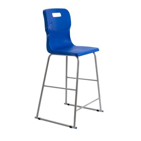 Titan High Chair, Size 6, blue plastic seat, metal frame with footrest, designed for durability and comfort.