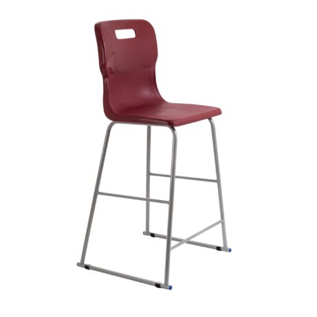 Titan High Chair, Size 6, in burgundy with a sleek plastic seat and a sturdy silver metal frame.