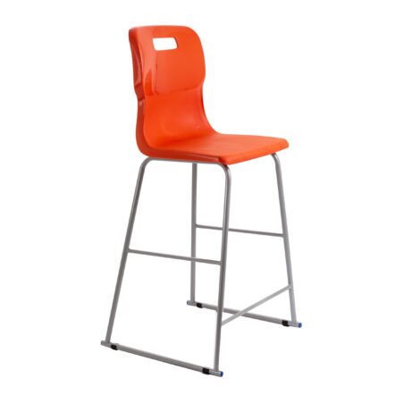 Titan High Chair, Size 6, featuring an orange plastic seat and backrest with a silver metal frame.