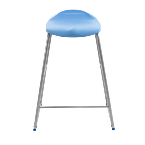 Titan Stool in blue with a metal frame, featuring an anti-tilt base and lumbar support for ergonomic classroom seating.