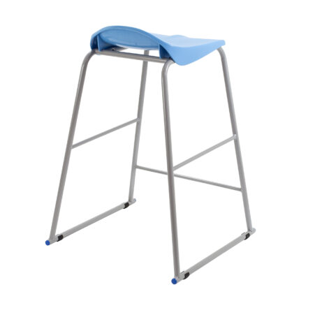 Titan Stool in blue with ergonomic design, anti-tilt base, and gray frame; stacks up to five high for easy storage.