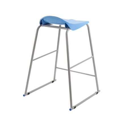 Titan Stool in blue with ergonomic design, anti-tilt base, and gray frame; stacks up to five high for easy storage.