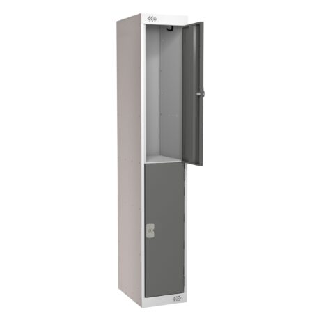 2-door locker in dark grey and grey, 300mm deep, featuring an upper compartment with a door and a lower storage section.