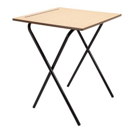 Titan Economy Folding Exam Desk in Beech/Black, single pack, featuring a foldable design and a sleek surface.