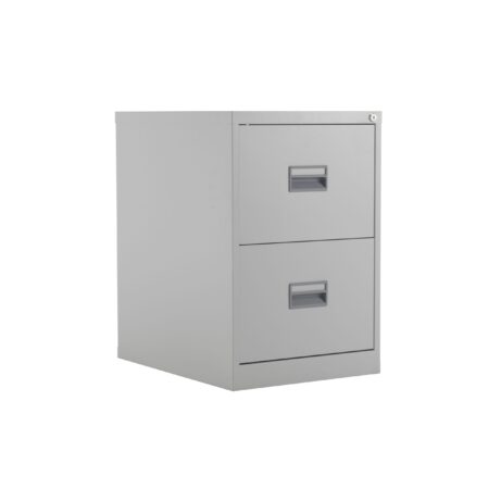 TC Steel 2 Drawer Filing Cabinet in grey, featuring two drawers with integrated handles. Compact design for office use.