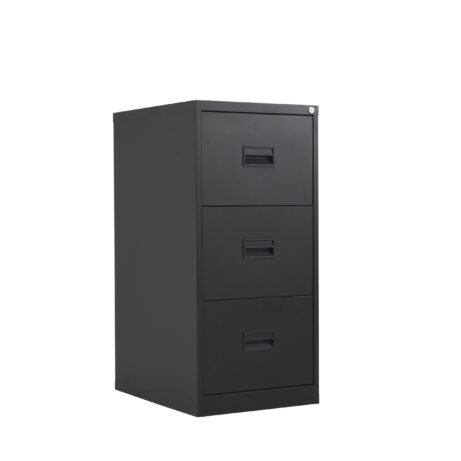 Black TC Steel 3 Drawer Filing Cabinet with three pull-out drawers and a sleek finish.