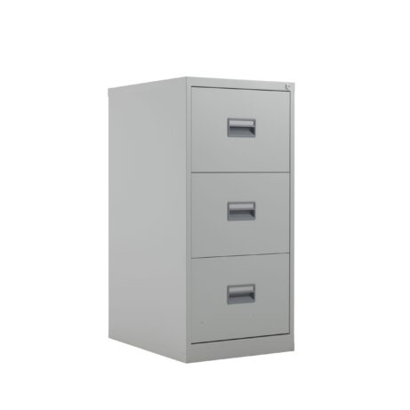 TC Steel 3 Drawer Filing Cabinet in grey with three horizontal drawers and simple metal handles.