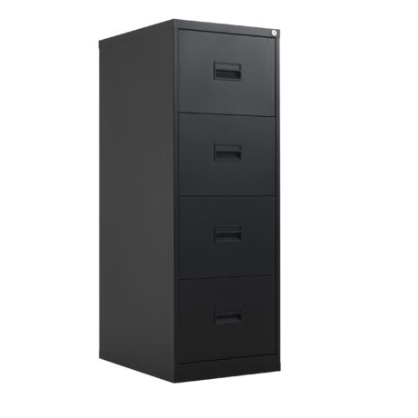 TC Steel 4 Drawer Filing Cabinet in black finish with four pull-out drawers for document storage.