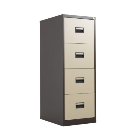 TC Steel 4 Drawer Filing Cabinet in Coffee and Cream with horizontal drawer handles. Ideal for office organization.