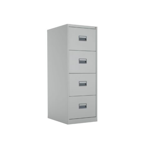 TC Steel 4 Drawer Filing Cabinet in grey with four drawers and metal handles. Ideal for office organization.