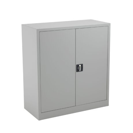 TC Steel Double Door Cupboard, 1000mm, in grey with a locking mechanism on the door.