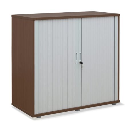 Wooden side opening tambour in dark walnut, 1020mm high, featuring white slatted doors and a lock. FSC certified.