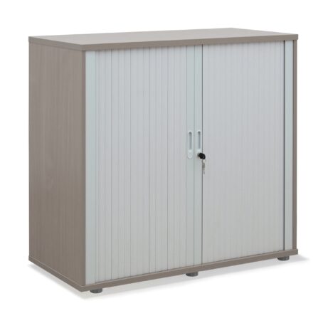 Wooden side opening tambour in grey oak, 1020mm high, featuring sliding doors for easy access. FSC certified.