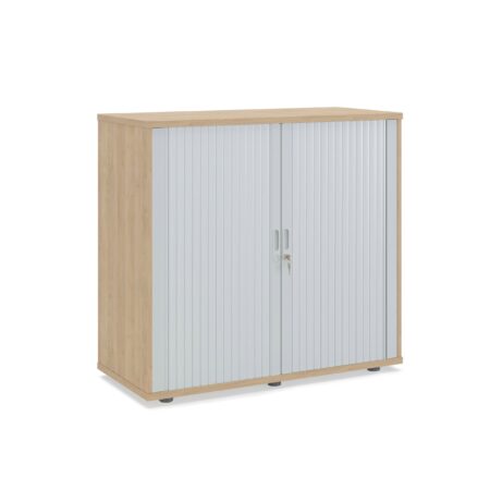 Wooden side opening tambour cabinet, 1020mm high, in Nova Oak finish with white tambour doors. FSC certified.