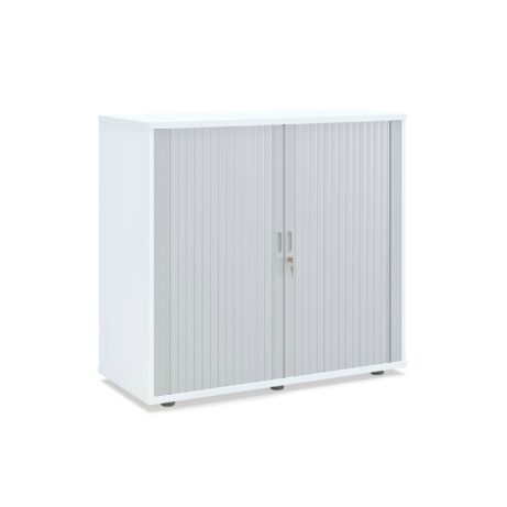 White wooden side opening tambour, 1020mm high, featuring grey segmented doors, FSC certified.