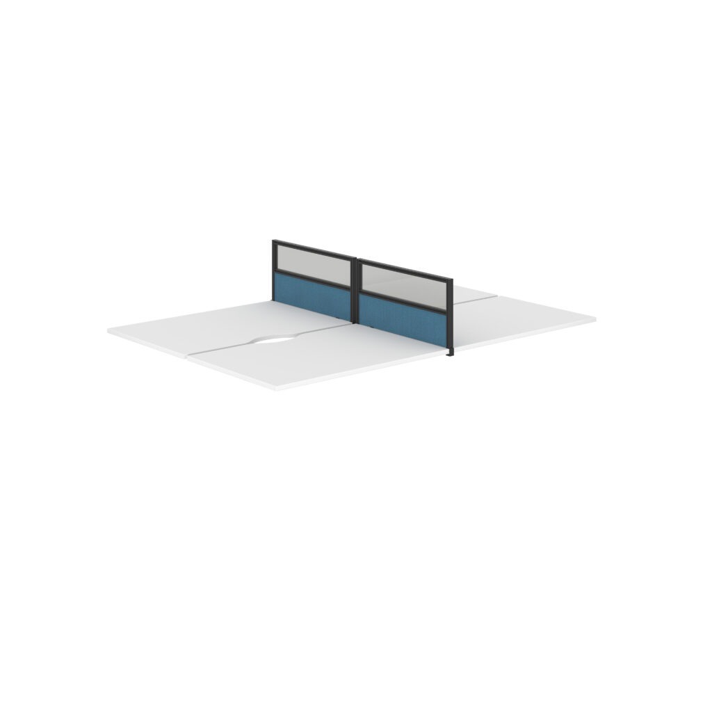 Toolrail Type 3 Half Glazed Return Screen with a black frame and Unlimited Band 4 fabric in blue.