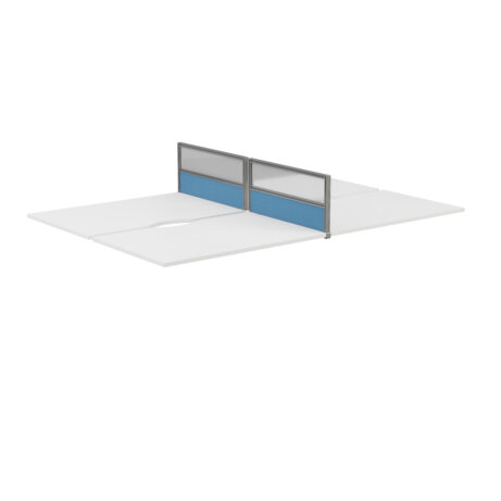 Half glazed return screen with silver frame and Unlimited Band 1 fabric in blue. Suitable for workspace division.