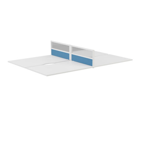 Half-glazed return screen with white frame and Unlimited Band 4 fabric in blue. Suitable for workspace division.