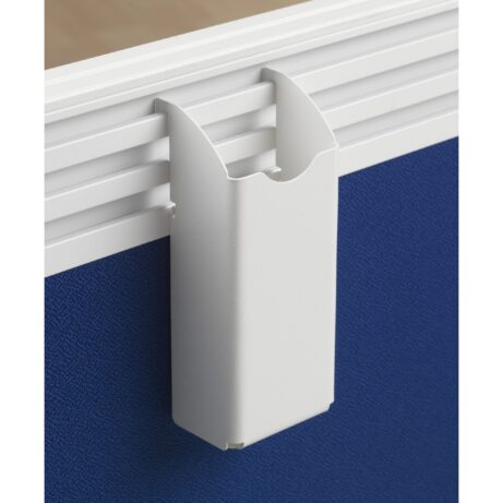 White metal pen tray attached to office partition, designed for convenient storage.