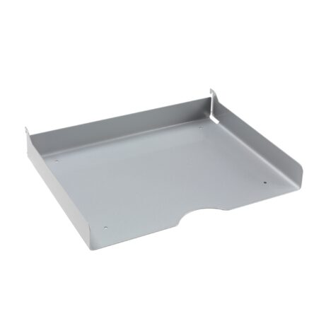 Silver A4 metal paper tray with a sleek design and open front for easy access. Ideal for organizing paperwork.