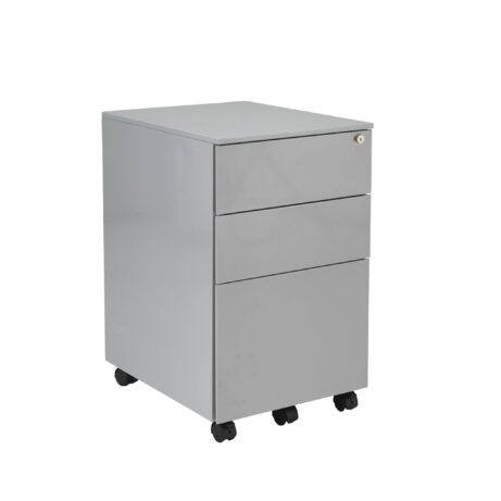 Steel under desk pedestal with three drawers, finished in silver, featuring wheels for mobility.