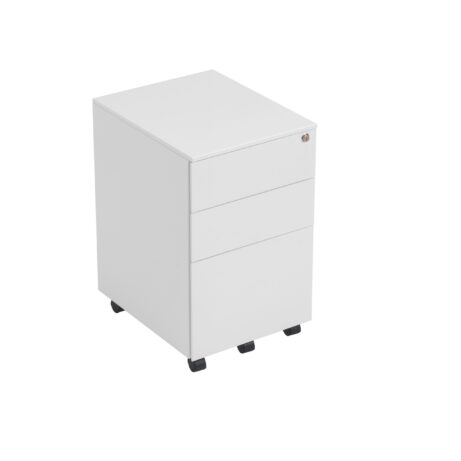 White under desk steel pedestal with three drawers and wheels for easy mobility.