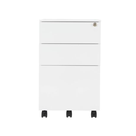 White steel under desk pedestal with three lockable drawers, built-in pen tray, and mobile casters for easy movement.