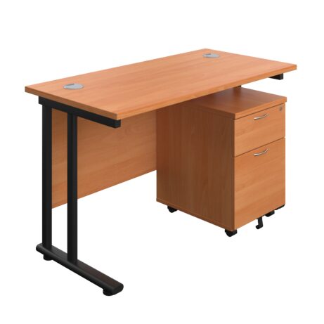 Twin Upright Rectangular Desk in Beech with Black frame and Mobile 2 Drawer Pedestal, dimensions 1200 x 600 mm.