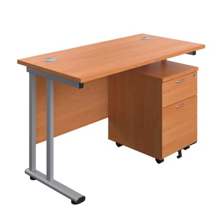Twin upright rectangular desk in beech with silver frame and mobile 2-drawer pedestal. Dimensions: 1200 x 600 mm.