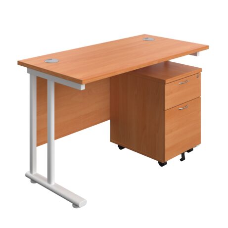 Beech rectangular desk with white frame, 1200x600mm, paired with a mobile 2-drawer pedestal.