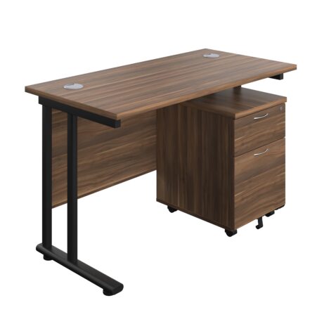 Twin Upright Rectangular Desk with Dark Walnut top and Black frame, paired with a Mobile 2 Drawer Pedestal.