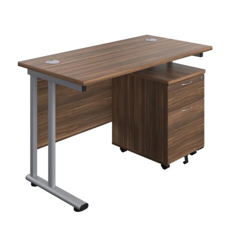 Twin upright rectangular desk in dark walnut with a mobile 2-drawer pedestal, silver frame, dimensions 1200x600.