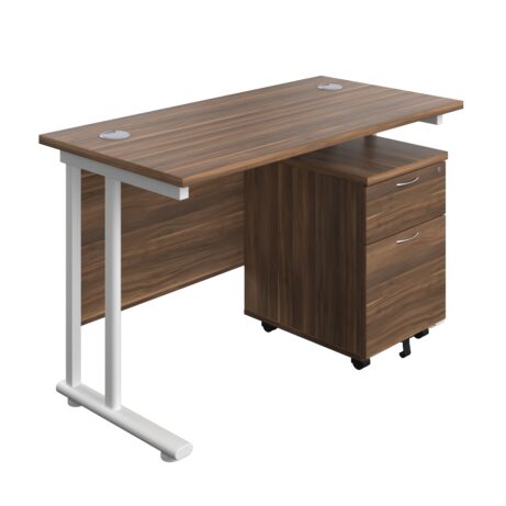 Twin upright rectangular desk with dark walnut top, white frame, and mobile 2 drawer pedestal. Dimensions 1200 x 600 mm.