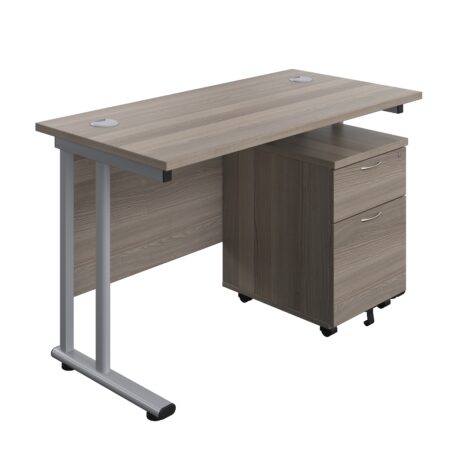 Twin Upright Rectangular Desk in Grey Oak with Silver frame and Mobile 2 Drawer Pedestal, dimensions 1200x600mm.